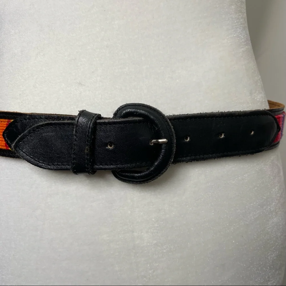 Multi-Color Rainbow Woven Waist Belt Faux Leather Buckle